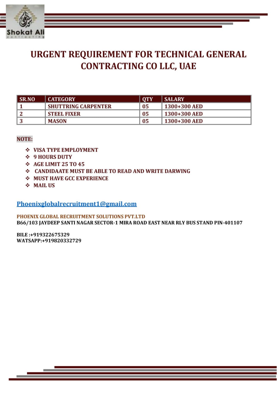URGENT REQUIREMENT FOR TECHNICAL GENERAL CONTRACTING CO LLC, UAE