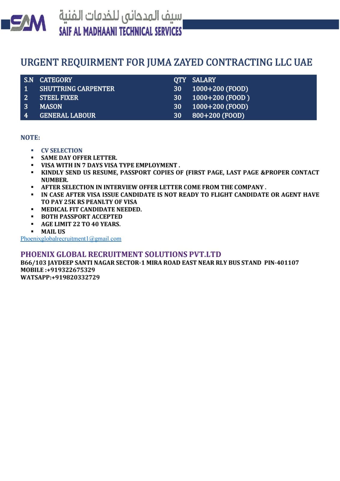 URGENT REQUIRMENT FOR JUMA ZAYED CONTRACTING LLC UAE