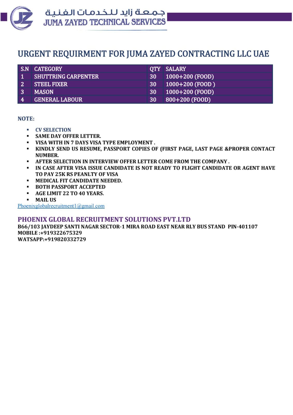 URGENT REQUIRMENT FOR JUMA ZAYED CONTRACTING LLC UAE